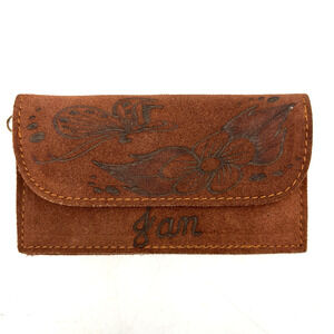 Vintage 90s Handmade JAN Floral Burned Suede Leather Small Pouch Wallet 5.5x3"